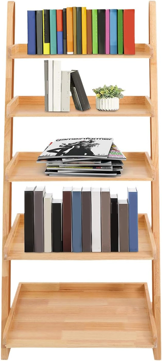 Ladder Bookshelf, 5 Tier Leaning Bookshelf Leaning Ladder Shelf with Stable Structure Rustic Style Ladder Shelves Storage Rack for Living Rooms, Bedrooms, Study Rooms (Wood Color)