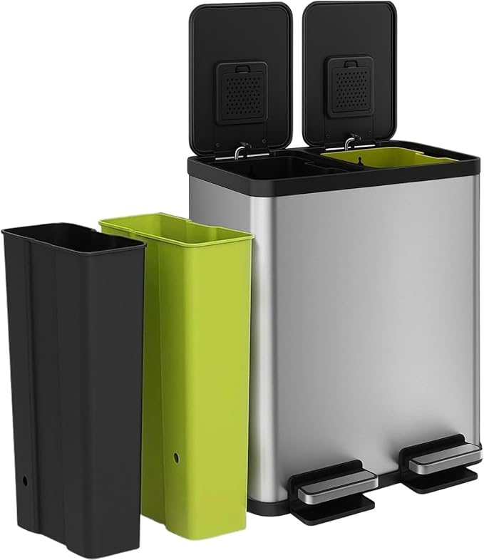 Simpli-Magic 16 Gallon (30L x 30L) Dual Compartment Step Trash Can â Kitchen Garbage Can with Slow-Close Lids â Waste & Recycling Bins, Odor Control, Hands-Free, Easy to Clean, Stainless Steel