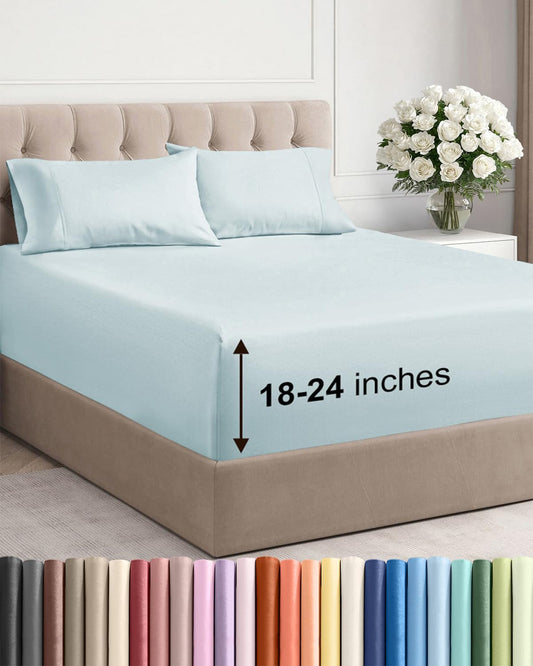 Skiennix Extra Deep Twin Sheet Set - 4-Piece Breathable Cooling Bedding - Soft, Wrinkle-Free Ice Blue