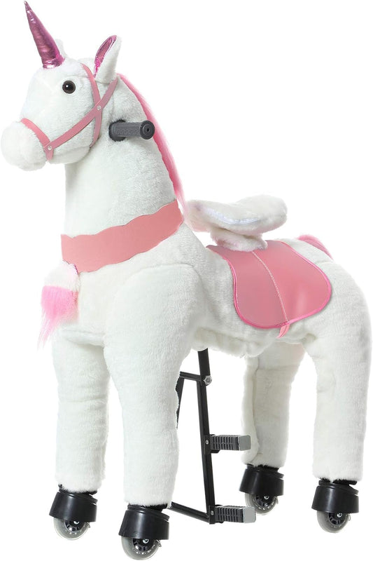 PONYEEHAW Ride on Unicorn Toys, Kids Riding Unicorn Toys Ride on Toys for 6-14 Years Old, Premium Plush Animals Toys Walking Unicorn with Wheels (White and Pink, 31.5" L x 13" W x 36.2" H)