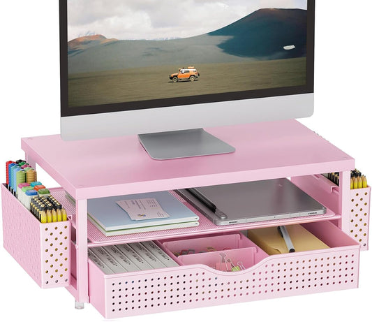 2 2-Tier gianotter Wood Monitor Stand Riser, Desk Organizer with Drawer and Pen Holders, Workspace Organizer for Office