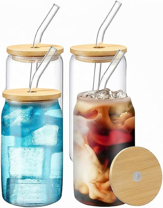 WISIMMALL Drinking Glasses with Bamboo Lids and Glass Straw 4PCS Set, 16oz Glass Cups with Lids and Straws, Beer, Iced Coffee Glasses, Soda, Gift 1 Cleaning Brushes