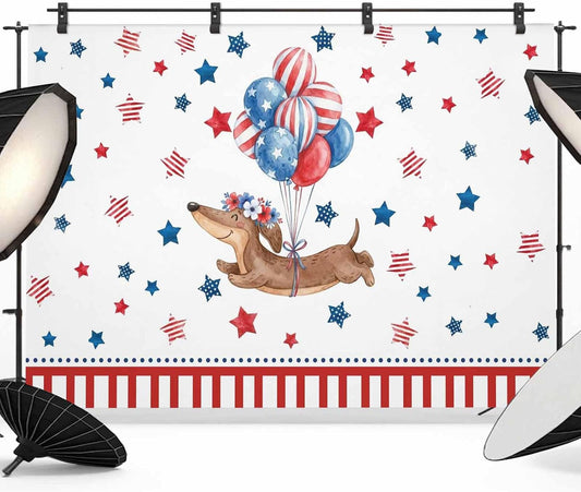 Generic 12 8 Independence Day Photo Backdrop for Photoshoot, x FT Flag Day Sausage Dog Blue Red Star Balloon Photo