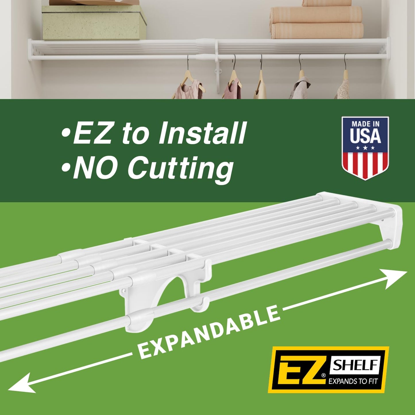 EZ SHELF- Closet Shelf with Hanging Rod, Expands 40.5-73", White, Closet Shelves Hold 200 lbs, Easy Install Closet Organizer to 2 Side Walls, Alternate for Closet Wire Shelving & Laundry Room Shelves