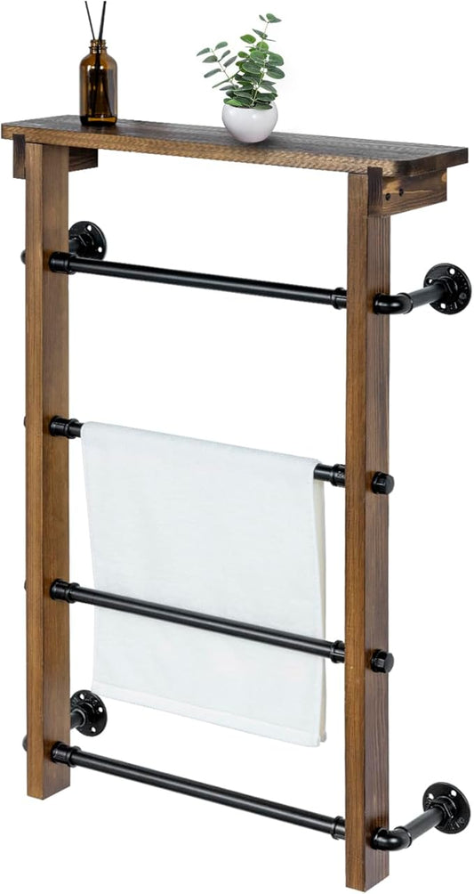 MyGift 4-Tier Wall Mounted Towel Rack Ladder with Top Storage Shelf, Rustic Burnt Solid Wood Hanging Towel Holder with 4 Black Industrial Metal Pipe Rungs Bar Design