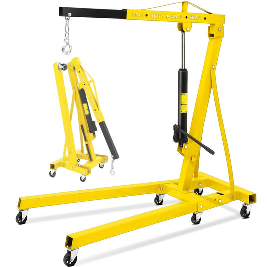 2 Ton Hydraulic Engine Hoist (4400LB) – Heavy Duty Folding Shop Crane with 6 Swivel Casters & Telescopic Boom | Adjustable Lifting for Car Engines, Transmissions | Garage, Workshop, Factory, Yellow