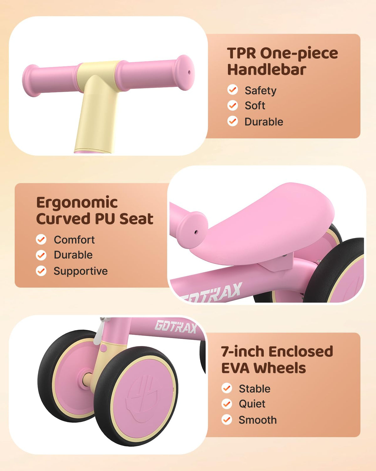 Gotrax Baby Balance Bike 1-2 Years, 7" Front & Rear Silent Wheels, Sturdy Steel Frame 66 lbs Load, Quick 2-Min Assembly, CPC Certified, Comfortable Soft Seat, Toddler Birthday Gift for Boys&Girls Pink