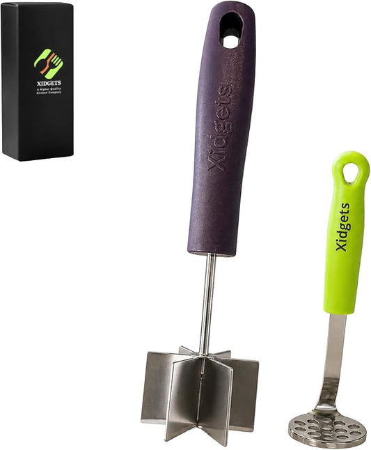 2pc Gift Set | Large Stainless Steel Meat Chopper & Masher | 6-Blade Ground Beef Chopper Tool & Mini Avocado Masher | Heat Resistant Grip | Dishwasher Safe (Midnight Plum/Zippy Green)