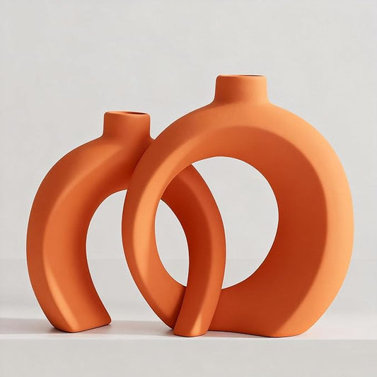 Set of 2 Orange Ceramic Vases for Home Decor Accents - Unique Hollow Donut Artistic Design Mid-Century Modern Eclectic Fall Style Decorative Vases for Shelf, Mantel, Entryway Table Decor(Matte Orange)