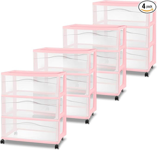 Sterilite 4 Pack Wide 3 Drawer Storage Cart, Rolling Organization, Pink | Clear Plastic Organizer Drawers with Wheels for Craft Supplies, Bath Essentials, or Home Accessories