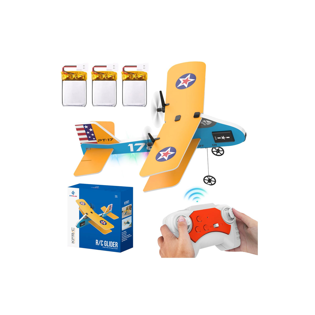 Toileum RC Plane, 2.4Ghz Remote Control Airplane with 3 Batteries & 6-axis Gyro Stabilizer, 2 Channel RTF PT-17 RC Toy, Easy to Fly for Beginners Kids Boys Girls Adults (Yellow)