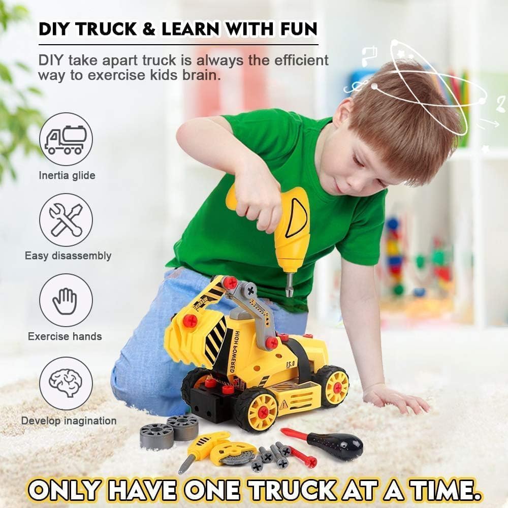 FLY2SKY 7 in 1 Take Apart Toys with Electric Drill Take Apart Truck Toys Construction Set DIY Engineering Building Toy Push Go STEM Toy Gift for Boys Toys Ages 4-7 Years Old