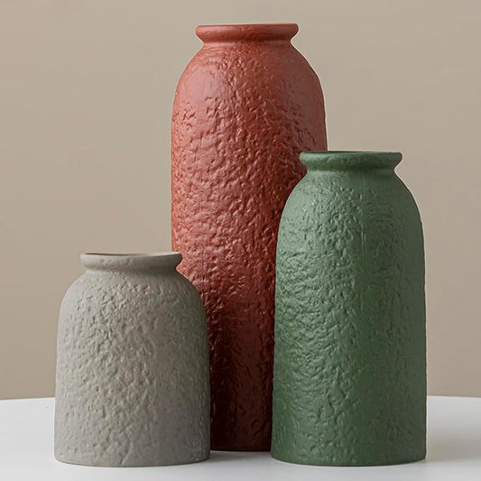 Large Decorative Ceramic Vase Set, 3 Pieces, Nordic Modern Boho Style, Earthtone Color Mix, Modern Farmhouse for Home Decor (XL Red Texture Mix)