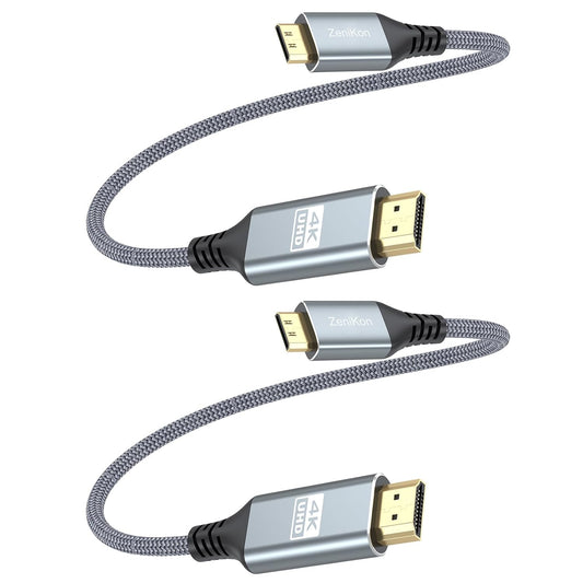 4K 1FT 2-Pack, 4K@60Hz/2K@120Hz/1080P, 18Gbps, Short Mini HDMI to HDMI Cable HDMI to Mini HDMI Cable Braided Cord