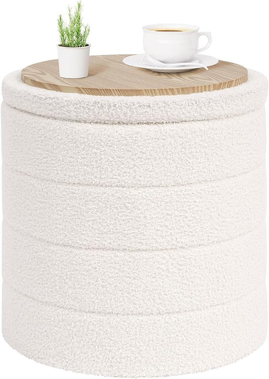 PINPLUS Round Storage Ottoman Foot Rest Stool with Tray Velvet Sherpa Folding Storage Ottoman,Boucle Foot Rest for Living Room, Bedroom, Dorm,White Color