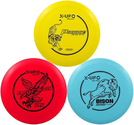 X-UFO Disc Golf Set - Disc Golf Pro Starter Set 3 Pack with Putter,Driver,Mid-Range,Mini Discs,157-175g for Training & Outdoor Sports (TPE-3RBY)