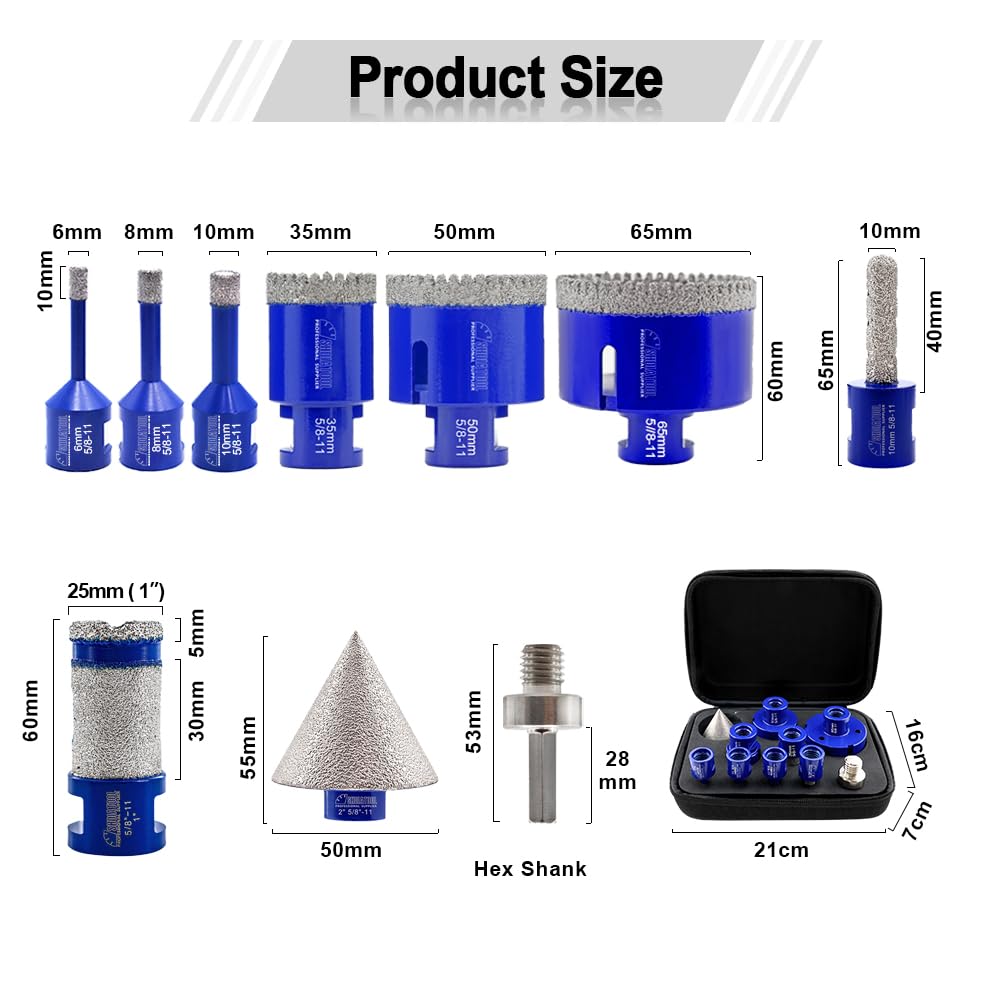 SHDIATOOL Diamond Drill Core Bits Kit Hole Saw Sets Diamond Drill Mould Guide for Drilling Porcelain Tile Marble Ceramic Granite with Hollow EVA Guide Jig 10pcs(6/8/10/25/35/50/65/10MM/2inch/HEX)