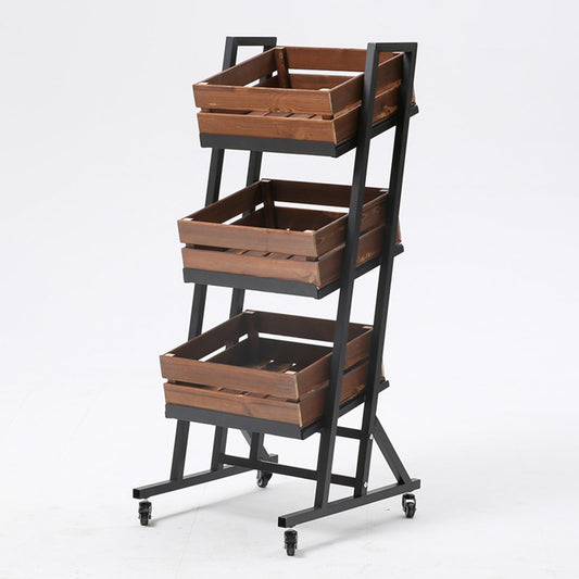 3-Tier Supermarket Snack Shelf Organizer Rack, Detachable Fruit Vegetable Storage Basket with Wheels, Retail Store Display Stand Free Standing for Kitchen Pantry(Brown)