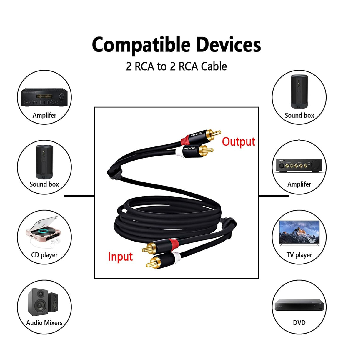 ZEQKULW 2RCA 25 2 (1,Black, 25FT) Audio Subwoofer Cable ft Male to Male Stereo Dual RCA Cables Shielded Gold-Plated RCA