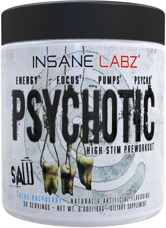 Insane Labz Psychotic SAW, High Stim Pre Workout Powder with OxyGold­??and AMPiberry®,Extreme Lasting Energy with Teacrine®,Focus with CognitIQ® and Endurance (30 Servings (Pack of 1), Blue Raspberry)