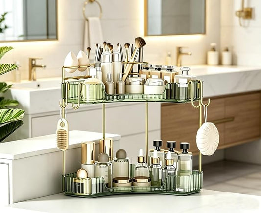 2-Tier Corner Bathroom Counter Organizer，Makeup & Skincare Shelf with Built-in Brush Holder，Space-Saving Bathroom Countertop Organizer for Skincare, Perfume, Cosmetics(Green)