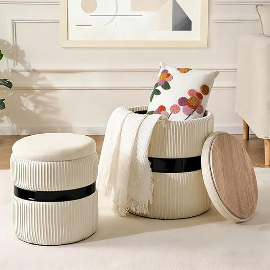 Velvet Round Ottoman Set of 2 with Storage, 12 Gallon Hidden Storage Ottoman, Multi-Functional Footrest Stool, Vanity Seat, Coffee Table, No Assembly Required, Holds 300lbs, (White)