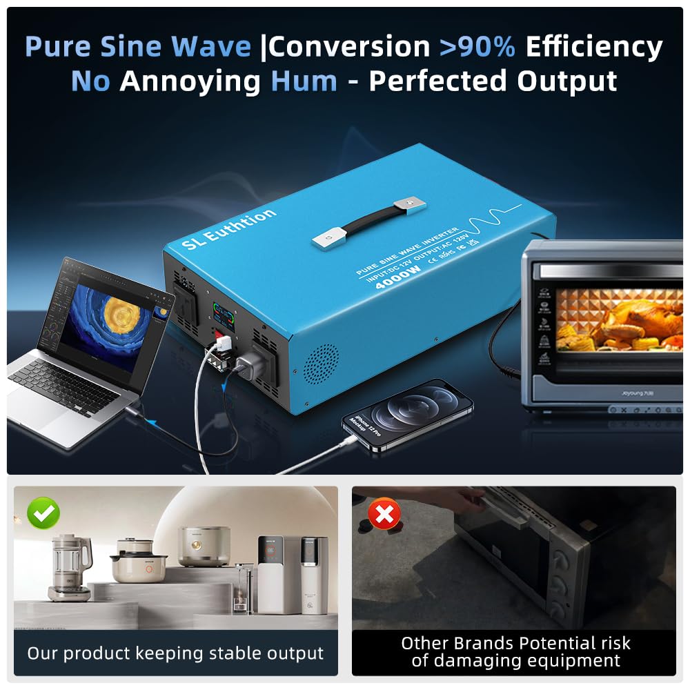 SL Euthtion 4000W Pure Sine Wave Power Inverter Voice Control AI Voice Assistant Support English 12V to 120V 60HZ with LCD Display, USB Port, for Car Home Laptop Truck