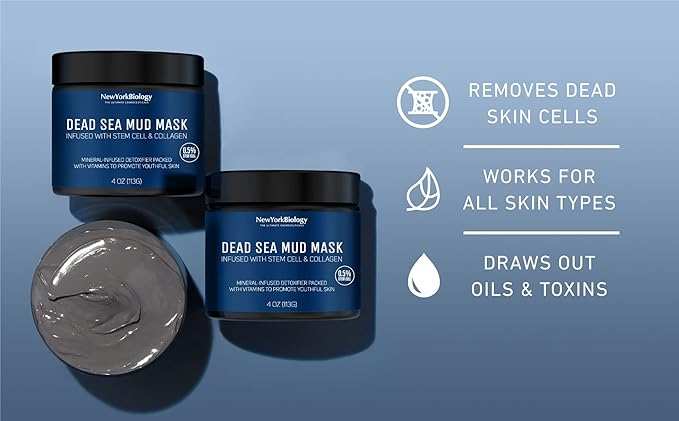 New York Biology Dead Sea Mud Mask for Face, Body | with Stem Cell and Collagen | Spa Quality Pore Refiner for Oily Skin | Natural Skincare for Women, Men | Tighten Skin | 4 oz
