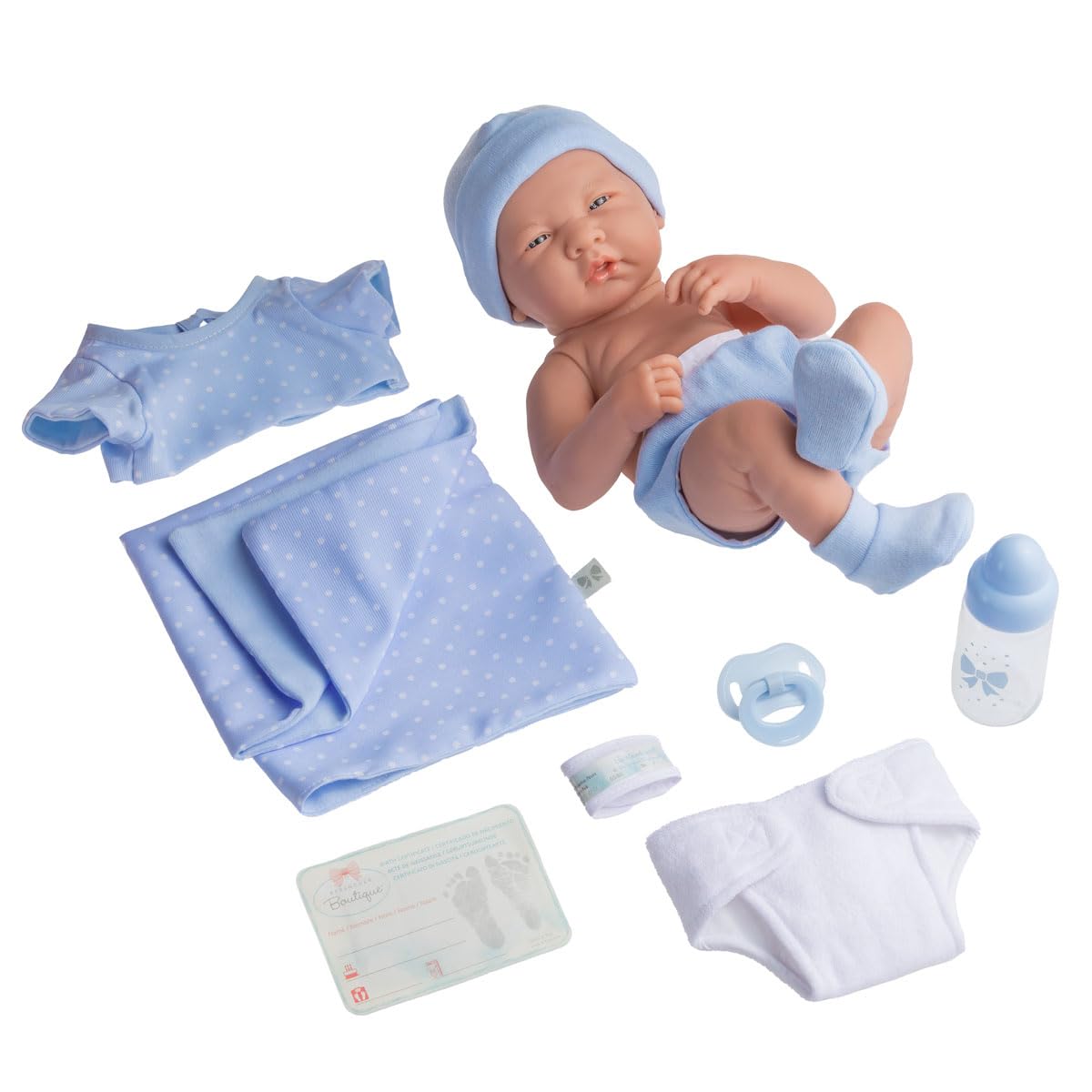 La Newborn Boutique 14" Realistic Baby Doll – 9-Piece Layette Gift Set, Soft Vinyl, Posable Limbs, Lifelike Detail – Anatomically Correct Real Boy in Blue (Berenguer / JC Toys)
