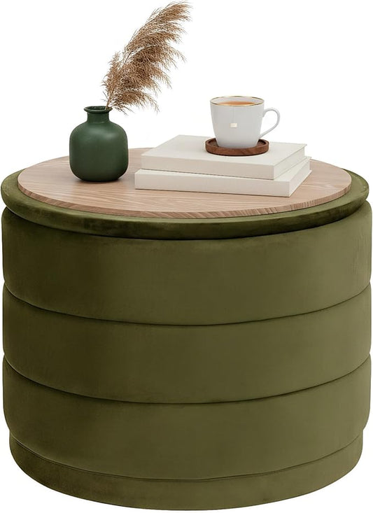 B FSOBEIIALEO Round Velvet Storage Ottoman with Tray, Folding Ottoman with Storage Coffee Table Foot Rest for Dorm Room, Living Room Olive, 22.83"x22.83"x17.32"