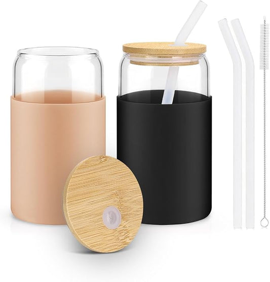 Glass Cups with Lids and Straws, 2 Pack 16OZ Iced Coffee Cups with Silicone Sleeve, Glass Tumbler with Straw and Bamboo Lid, Home Essential Drinking Set for Juice, Cocktail and Latte Black&Khaki