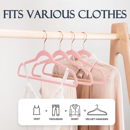 HOUSE DAY Pink Velvet Hangers - Premium Non-Slip Felt Clothes Hangers | 60 Pack, Space-Saving Design with 360° Swivel Rose Gold Hook
