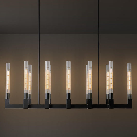 Black Farmhouse Dining Room Chandelier: 54" Modern Linear Rectangle Dining Room Light Fixture - Long Glass Metal Pendant Chandeliers for Kitchen Island - Large Lighting over Kitchen Table Living Rooms