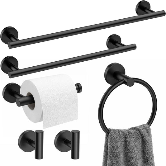RoDzj Matte Black Bathroom Hardware Set 6-Piece, SUS304 Stainless Steel Bath Accessories Kit, Includes 24" & 16" Towel Bars, Toilet Paper Holder, Towel Ring, 2 Robe Hooks, Wall Mounted Round Style