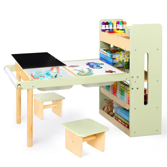 LOL-FUN Kids Sensory Art Table and Chairs Set with Storage Bins & Shelves, Toddlers Activity Table for Ages 3-8 Preschool Sand and Water Play, Drawing Desk with Blackboard Whiteboard