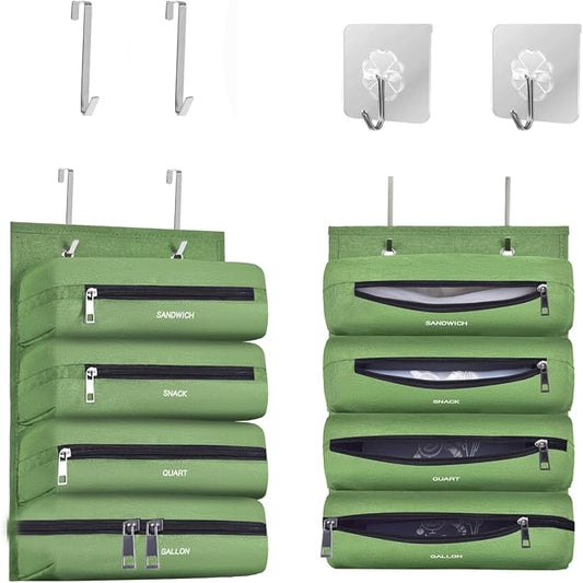 Zipper Bag Organizer Suitable for kitchen RV Campers with Zipper Gallon, Quart, Sandwich and Snack Food Storage Bags, Kitchen Plastic Bag Storage Organizer (Green)