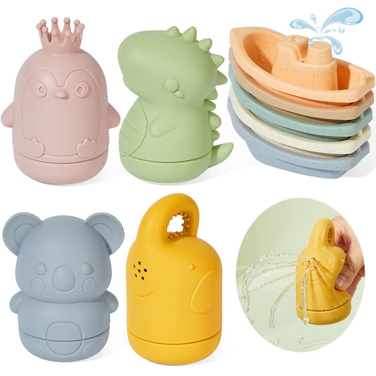 Baby Bath Toys 9PCS Mold Free Bath Toys for Babies 6-12 Months Bathtub Water Toys with Easy Clean Silicone Bath Toy for Kids Ages 1-3 Safe Bath Boats, Baby Shower Birthday Gifts for Babies & Infant