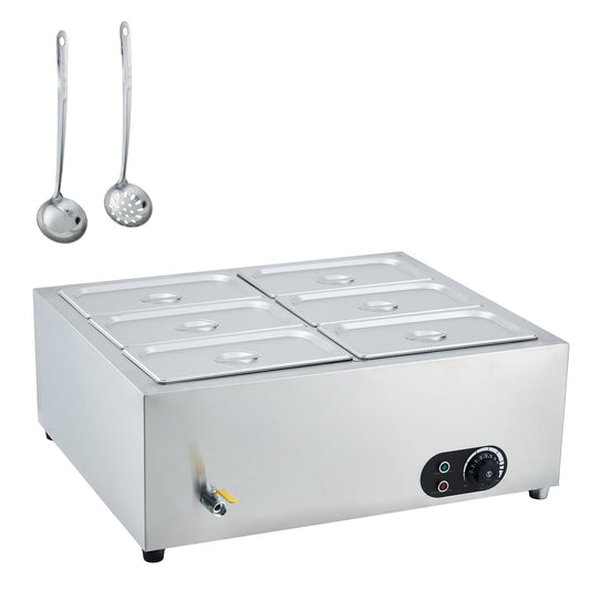 6-Pan Commercial Food Warmer, Portable Stainless Steel Countertop Buffet Server with Adjustable Temperature for Parties, Catering, and Home Gatherings