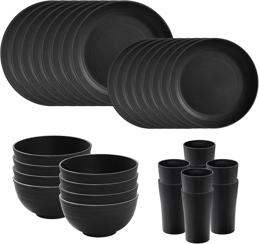 32-Piece Kitchen Plastic Wheat Straw Dinnerware Sets, Service for 8, Unbreakable Modern Dish Set - Dinner Plate/Dessert Plates/Cereal Bowl/Cup, for Apartment Essentials, Outdoor Camping,Black