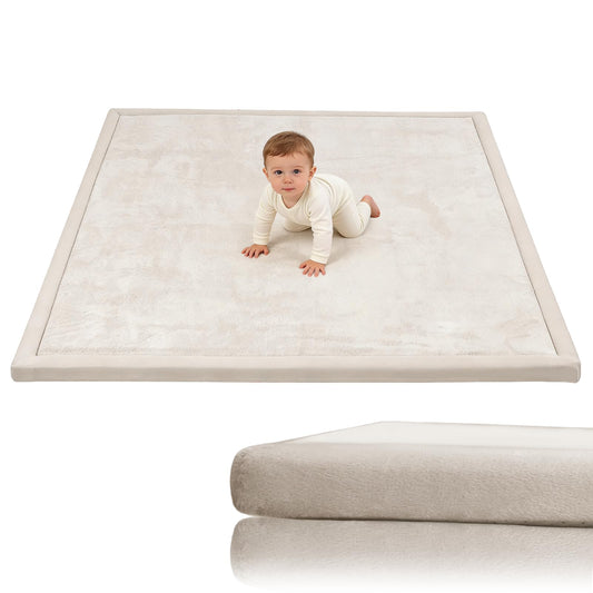 COLLACOCO Baby Play Mat for Floor, 59"x79" Playpen Mat, 1.3" Thick Memory Foam Tummy Time Mat, Soft Coral Velvet Nursery Rug, Easy-Care & Non-Slip Cushioned for Infants, Kids, Toddlers Crawling, Beige