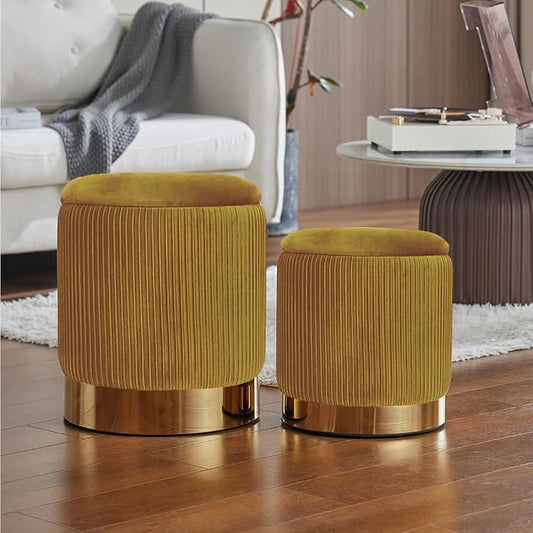 Round Ottoman with Storage Set of 2 Upholstered Velvet Vanity Stool, Small Ottoman Coffee Table, Removable Lid, for Living Room, Bedroom, Hallway, Assembly Free (Yellow with Bottom Gold)