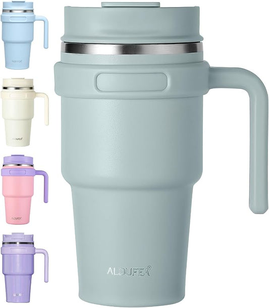 20 oz Insulated Coffee Mug Tumbler with Handle, Stainless Steel Travel Mug Tumbler with Lid and Straw,Double Wall Vacuum Leak Proof Ice Coffee Thermal Cup,Sage