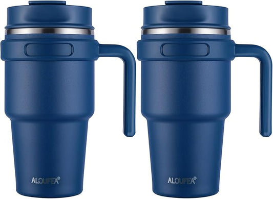 20 oz Insulated Coffee Mug Tumbler with Handle, Stainless Steel Travel Mug Tumbler with Lid and Straw,Double Wall Vacuum Leak Proof Ice Coffee Thermal Cup, Navy