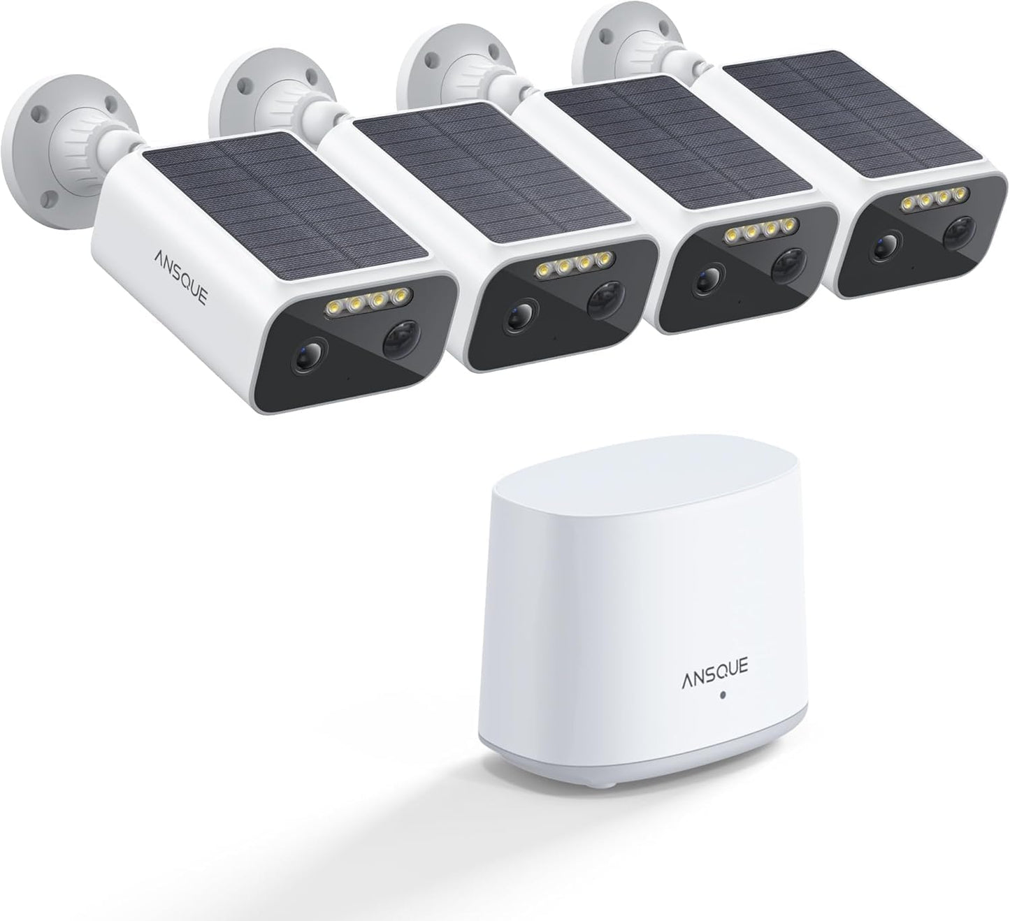ANSQUE Solar Security Cameras Wireless Outdoor, 4-Cam-Kit, 2K Home Security Camera System, 365-Day Battery Life, No Subscription Fee, Easy to Install, Color Night Vision, Local Storage