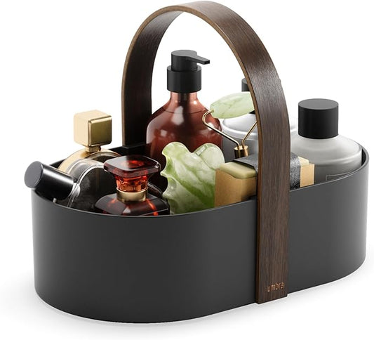 Umbra Bellwood Caddy, Organizer Bin for Makeup and Cosmetics, Durable Lightweight Container with Wooden Handle and Removable Dividers, Small Black/Walnut