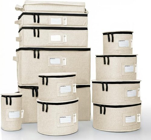 China Storage 12-Piece Hard Shell Container Set - Sturdy Dish Organizer for Dinnerware & Glasses - Beige