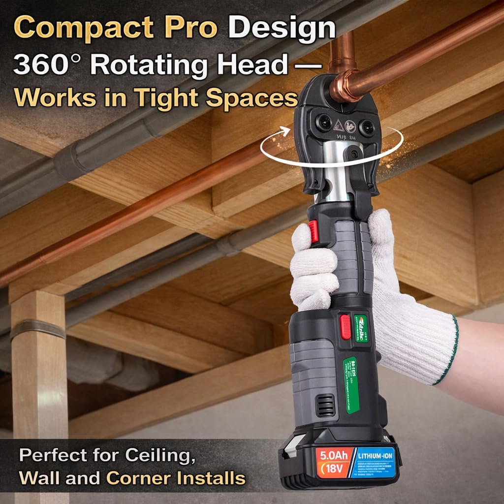 UTZIKO 18V Cordless Pipe Crimping Tool Kit, Electric Hydraulic Pipe Crimper with 1/2", 3/4", 1" Jaws & Pipe Cutter for Copper, Stainless Steel & PEX Pipes, One-Hand Operation