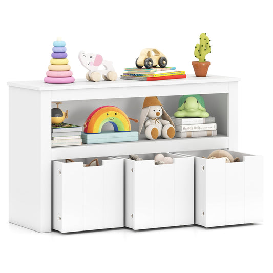Costzon Toy Storage Organizer w/Drawers, Wooden Toy Shelf with 3 Removable Drawers, Rolling Wheels & Large Open Shelf, Toy Cupborad for Kids Room, Playroom, Kindergarten, Nursery (White)