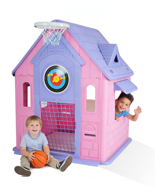 Kids Playhouse Cottage – 4-in-1 Activity Center with Magnetic Dartboard, Basketball Hoop, Soccer Goal & Ring Toss – Spacious Indoor/Outdoor Game House for Toddlers
