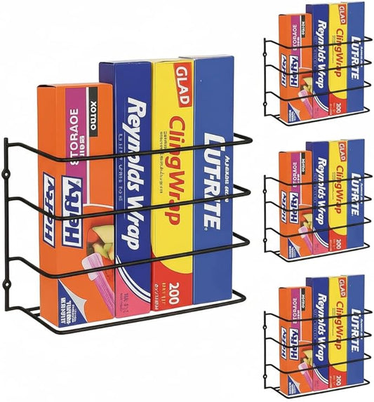 Evelots Kitchen Wrap Organizer - 4 Pack - Hold up to 4 Plastic, Foil, Paper, Wax - Cabinet Door, Wall Rack Basket - Sandwich, Freezer, Food Bag Storage - Laundry Supplies - Black
